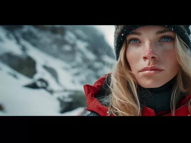 Close-Up of a Woman in Snowy Mountains Gazing Forward preview